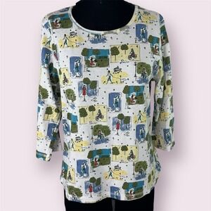 Christopher Banks XL Dog Cityscape Graphic Top Pullover Cotton 3/4 Sleeve Spring